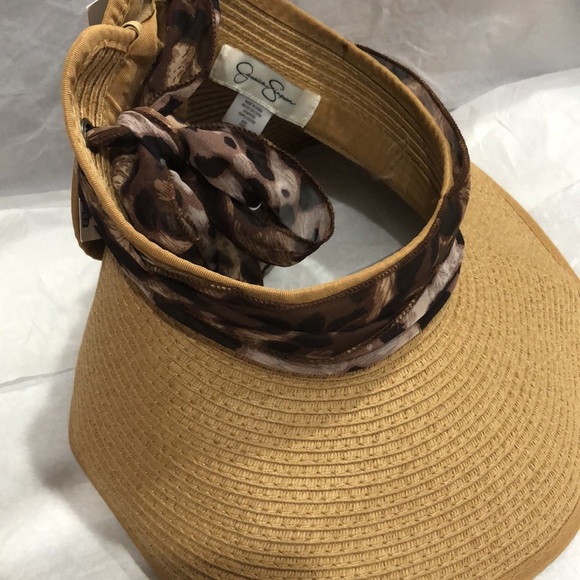 Jessica Simpson tan faux straw packable visor summer hat with animal print scarf main image 8